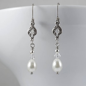 Art Deco Earrings, Ivory Pearl Earrings, Edwardian Earrings, Vintage Drop Earrings, Teardrop Pearls, Silver Earrings, Bicone, Handmade UK image 1