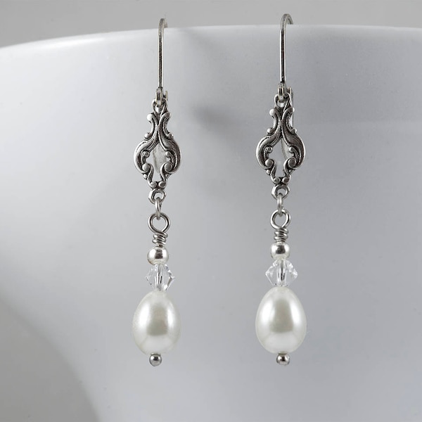 Art Deco Earrings, Ivory Pearl Earrings, Edwardian Earrings, Vintage Drop Earrings, Teardrop Pearls, Silver Earrings, Bicone, Handmade UK