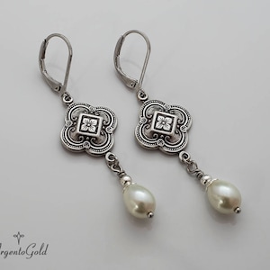 Edwardian Earrings, Ivory Pearl Earrings, Tudor Earrings, Vintage Drop Earrings, Teardrop Pearls, Silver Earrings, 1920s, Handmade UK, Gift