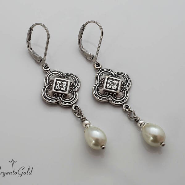 Edwardian Earrings, Ivory Pearl Earrings, Tudor Earrings, Vintage Drop Earrings, Teardrop Pearls, Silver Earrings, 1920s, Handmade UK, Gift