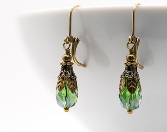 Edwardian Earrings, Tudor Earrings, Vintage, Drop Earrings, Victorian Earrings, Green Earrings, AB Crystal Bead, Handmade, UK, Gift for Her