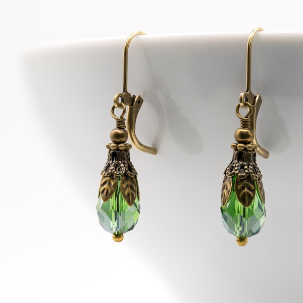 Edwardian Earrings, Tudor Earrings, Vintage, Drop Earrings, Victorian Earrings, Green Earrings, AB Crystal Bead, Handmade, UK, Gift for Her