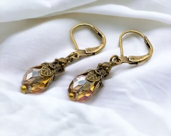 Edwardian Earrings, Tudor Earrings, Vintage, Drop Earrings, Victorian Earrings, Champagne Earrings, Citrine Crystal Bead, Handmade, UK, Gift