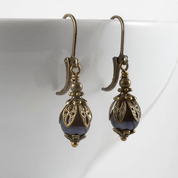Pendientes eduardianos, perlas de cristal Swarovski azules, pendientes vintage, pendientes Art Déco, alambres de oreja trasera de palanca, década de 1920, Downton Abbey, regalos Reino Unido