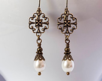 Edwardian Earrings, Glass Pearl Earrings, Art Deco Earrings, Vintage Drop Earrings, Tudor Earrings, Bronze Gold Earrings, 1920s, Handmade UK