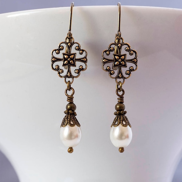 Edwardian Earrings, Glass Pearl Earrings, Art Deco Earrings, Vintage Drop Earrings, Tudor Earrings, Bronze Gold Earrings, 1920s, Handmade UK