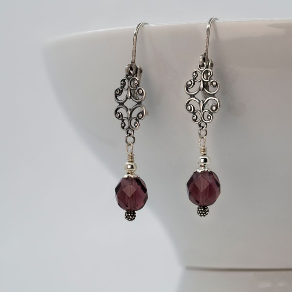 Art Nouveau, Edwardian style Earrings, Dark Amethyst Crystal, Drop Earrings, Art Deco Earrings, Gift for Her, Downton Abby