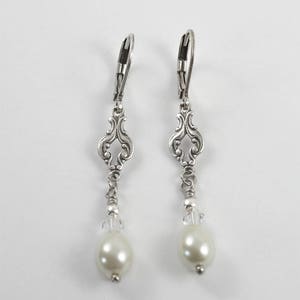 Art Deco Earrings, Ivory Pearl Earrings, Edwardian Earrings, Vintage Drop Earrings, Teardrop Pearls, Silver Earrings, Bicone, Handmade UK image 6