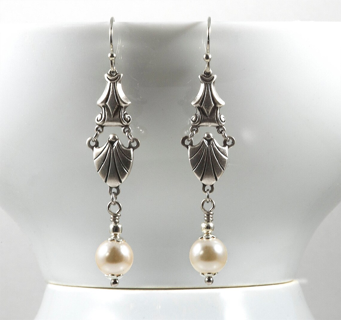 Art Deco Style Earrings Swarovski Pearls Sterling Silver Etsy