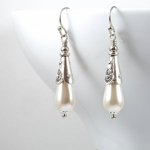 Pearl Earrings, Tudor Earrings, Edwardian Earrings, Wedding Jewellery, Silver Earrings, Teardrop Pearls, Downton Abbey, Handmade UK, Gifts
