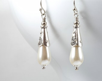 Pearl Earrings, Tudor Earrings, Edwardian Earrings, Wedding Jewellery, Silver Earrings, Teardrop Pearls, Downton Abbey, Handmade UK, Gifts