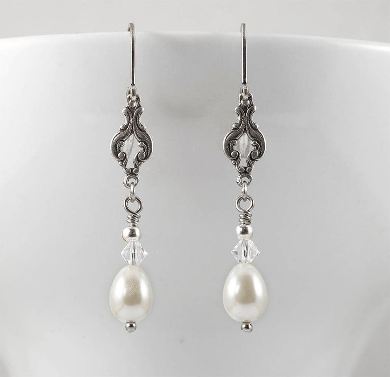 Art Deco Earrings, Ivory Pearl Earrings, Edwardian Earrings, Vintage Drop Earrings, Teardrop Pearls, Silver Earrings, Bicone, Handmade UK image 5