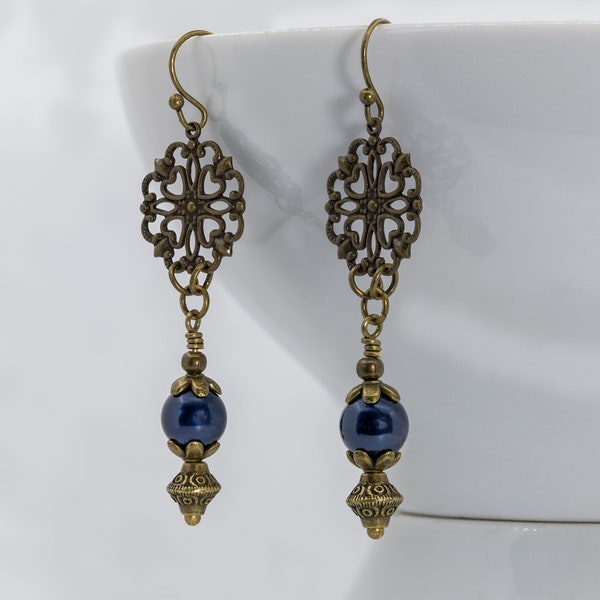 Edwardian Earrings, Victorian Earrings, Tudor Earrings, Antiqued bronze, Filigree, Blue Gemstone, Handmade UK, Drop Earrings, Gifts For Her