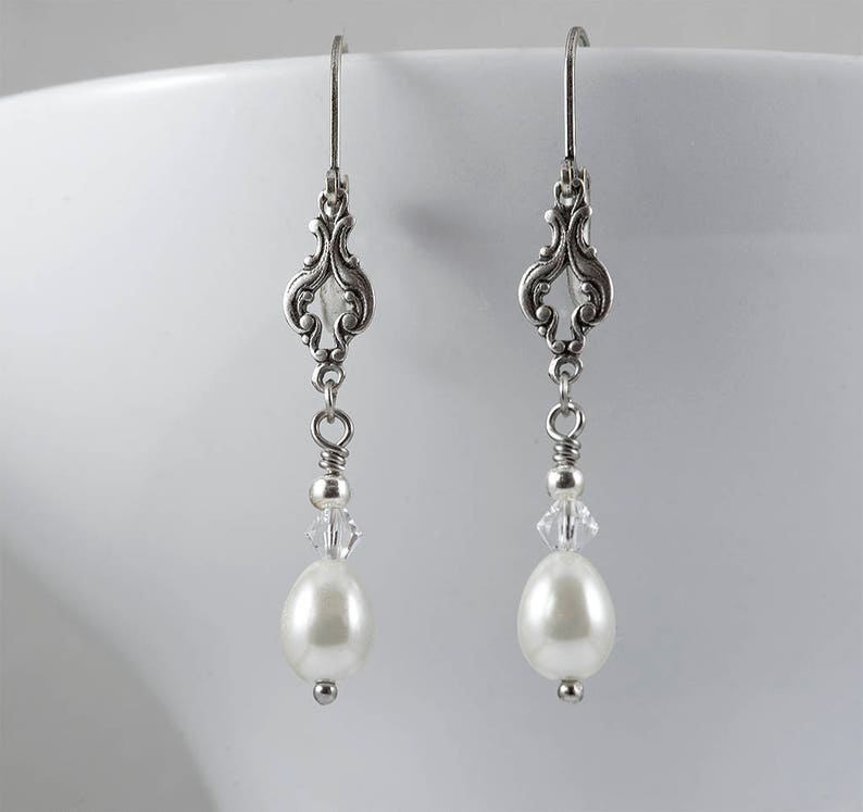 Art Deco Earrings, Ivory Pearl Earrings, Edwardian Earrings, Vintage Drop Earrings, Teardrop Pearls, Silver Earrings, Bicone, Handmade UK image 1