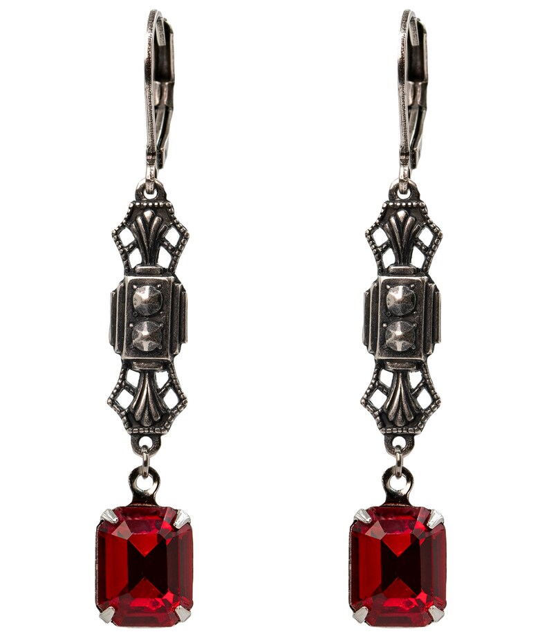Art Deco Drop Earrings, Siam European Crystal, Regency Earrings, Edwardian Earrings, Antique Silver Connector, Art Deco, Handmade UK image 5