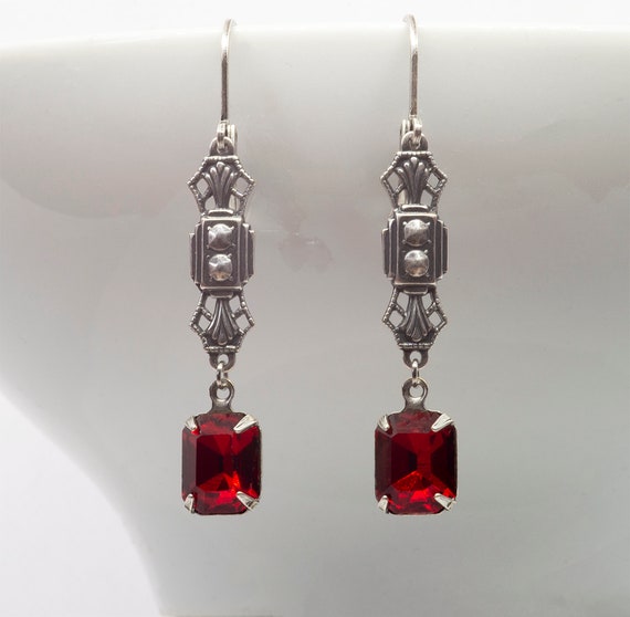 Art Deco Drop Earrings Siam Ruby Swarovski Crystal Regency | Etsy