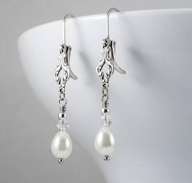 Art Deco Earrings, Ivory Pearl Earrings, Edwardian Earrings, Vintage Drop Earrings, Teardrop Pearls, Silver Earrings, Bicone, Handmade UK image 4