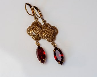 Art Deco Drop Earrings, Sian Ruby Czech Crystal, Regency Earrings, Sian Red, Edwardian Earrings, Antique Bronze Connector, Handmade UK