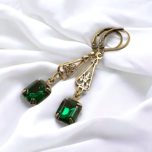 Art Deco Drop Earrings, Dark Green European Crystal, Regency Earrings, Emerald, Edwardian Earrings, Antique Bronze Connector, Handmade UK