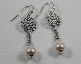 Art Deco Earrings, Swarovski Pearl Earrings, Edwardian Earrings, Vintage Drop Earrings, Cream Rose Pearls, Silver Earrings, Gifts, Handmade