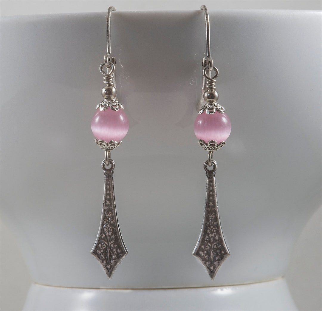 Art Deco Drop Earrings Rose Cats Eye Glass Bead Edwardian Etsy UK