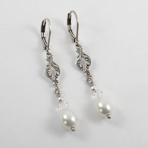 Art Deco Earrings, Ivory Pearl Earrings, Edwardian Earrings, Vintage Drop Earrings, Teardrop Pearls, Silver Earrings, Bicone, Handmade UK image 2