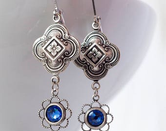 Art Deco Earrings, Sapphire, Swarovski Crystal, Vintage Drop Earrings, Edwardian Earrings, Antique Sterling Silver Connector, Handmade UK