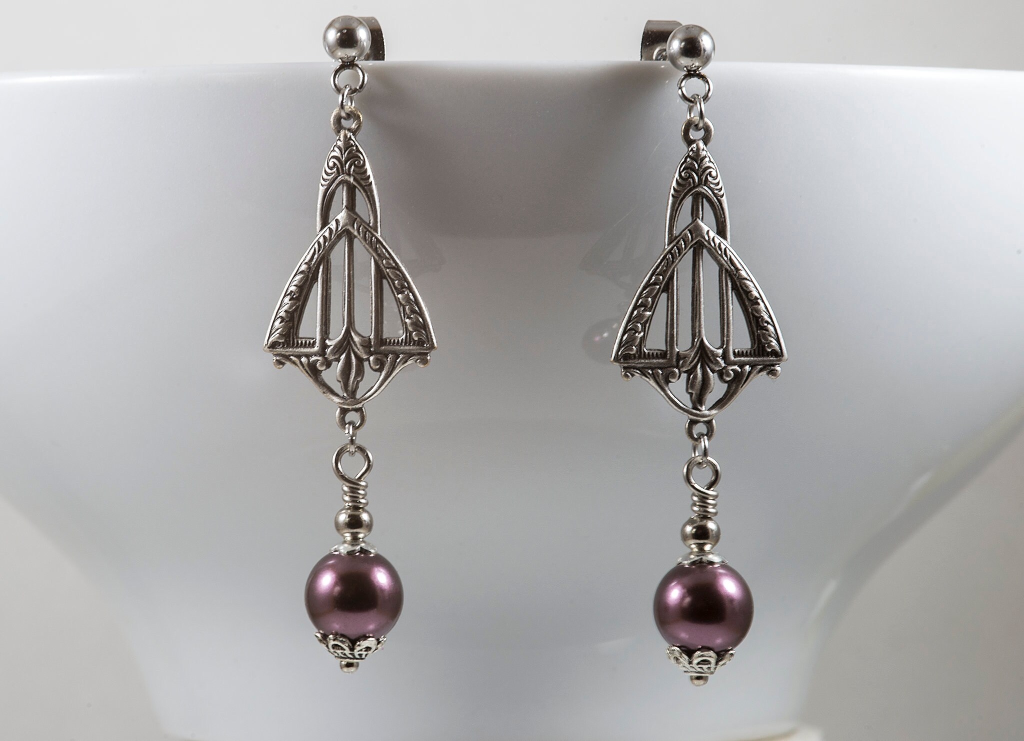 Art Deco Earrings Swarovski Burgundy Crystal Pearls | Etsy