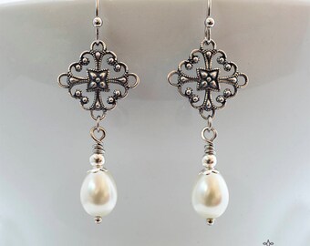 Edwardian Earrings, Ivory Pearl Earrings, Tudor Earrings, Vintage Drop Earrings, Teardrop Pearls, Silver Earrings, 1920s, Handmade UK, Gift