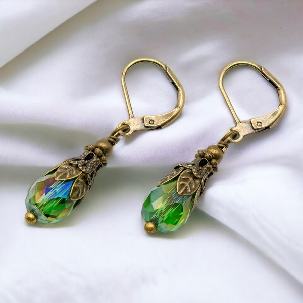 Edwardian Earrings, Tudor Earrings, Vintage, Drop Earrings, Victorian Earrings, Green Earrings, AB Crystal Bead, Handmade, UK, Gift for Her