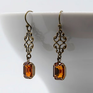 Regency Art Deco Earrings, Topaz Swarovski Crystal, Edwardian Earrings, Antiqued Bronze Earrings, Scroll Connector, Handmade UK, 1920s