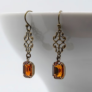 Regency Art Deco Earrings, Topaz Swarovski Crystal, Edwardian Earrings, Antiqued Bronze Earrings, Scroll Connector, Handmade UK, 1920s