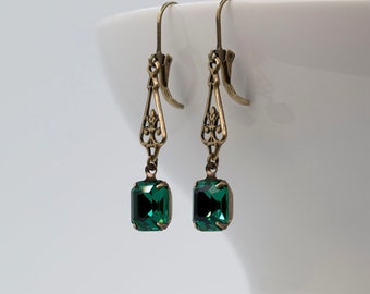 Art Deco Drop Earrings, Dark Green European Crystal, Regency Earrings, Emerald, Edwardian Earrings, Antique Bronze Connector, Handmade UK