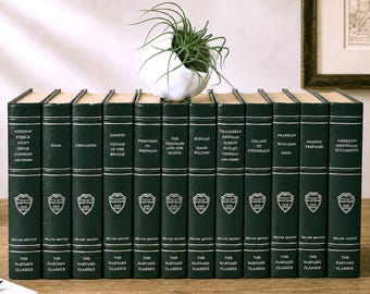 Set of 12 Harvard Classics Green & Silver Shelf of Fiction Book Set for Literary Classic Collector Gift, Staging, Decor, or Instant Library