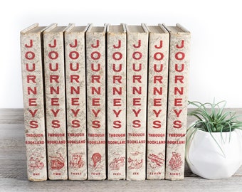 Set of 8 Red & Beige "Journeys Through Bookland" Books for Antique Decor, Mid Century Shelf Props, Vintage Storybooks for Gifts and Staging