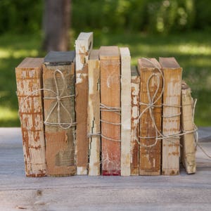 May include: A collection of antique books with worn, textured covers tied together with twine. The books have a vintage aesthetic, with visible signs of age and use, and are arranged on a wooden surface against a blurred green background.