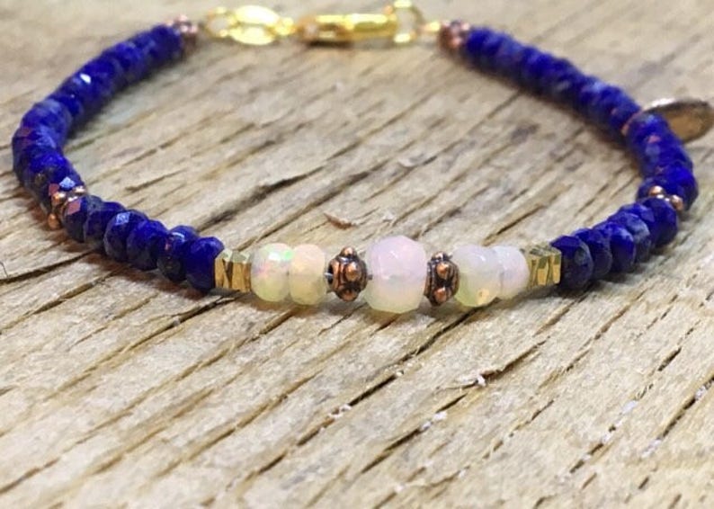 December Birthstone Lapis Lazuli third eye chakra blue gemstone bracelet Welo Fire Opal Bracelet womens gift