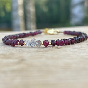 Herkimer Diamond bracelet, red garnet gemstone bracelet, clear quartz, root chakra,  anniversary gift, womens jewelry, sterling silver,