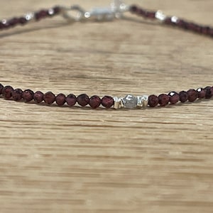 Rraspberry, Dark Red Garnet & Diamond Bracelet ~ Grey Faceted Natural Diamond ~ January / April Birthstone Jewelry ~ Pure Silver Beads