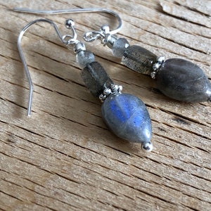Metallic-looking colour Labradorite Earrings, Teardrop Plays of blue and Green, Silver Hook Earrings Cube shape Labradorite, Womens Gift