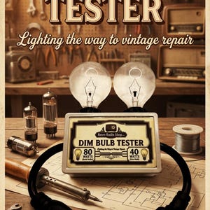 May include: Vintage-style advertisement for a "DIM BULB TESTER" with the text "Lighting the way to vintage repair." The image features two lit light bulbs, a tester, and the text "BUY NOW."
