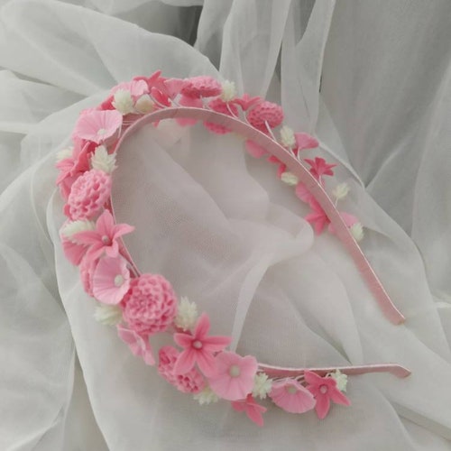 Headband with cold porcelain flowers, pink flowers shops