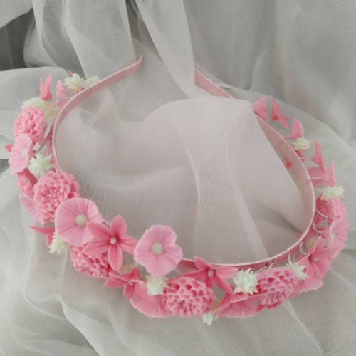 Headband with cold porcelain flowers, pink flowers shops