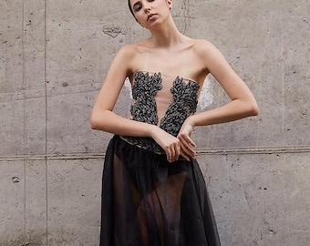 Obsidian | Gothic Black Corset Dress: Beaded Leaf Bodice, Tulle Skirt - Custom Renaissance Style