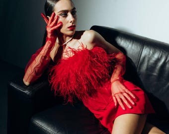 Volare | Custom Ostrich Feather Mini Dress: Corset Mesh, Tulle Gloves, Handmade