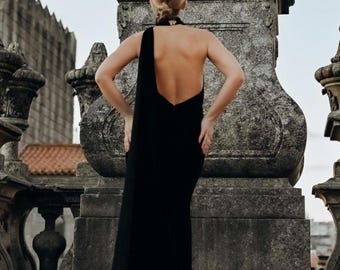 Eclipse | Black Velvet Backless Evening Dress: Elegant Off-Shoulder Formal Gown