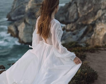 Beach Wedding Dress, Open Back Chiffon Bridal Gown, Sheer Long Sleeves, Boho