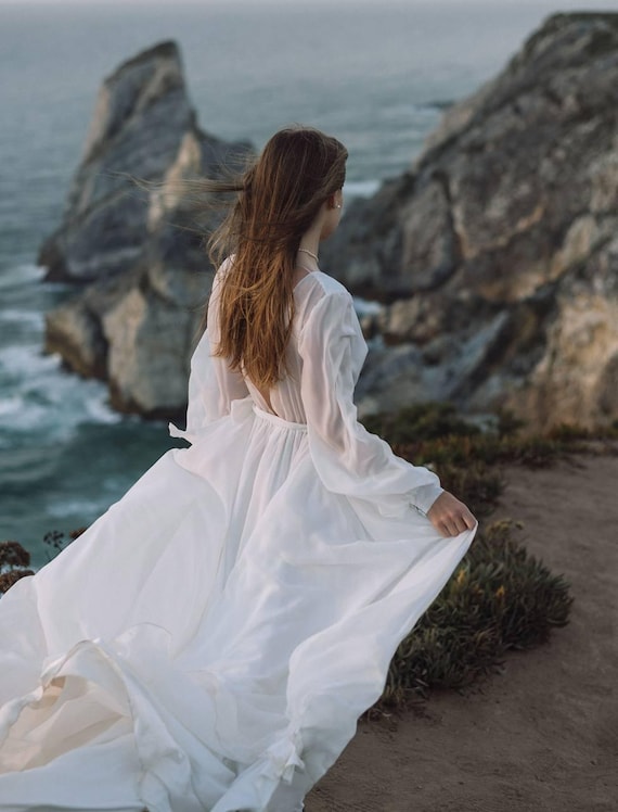 sheer chiffon wedding dress Short chiffon wedding dress with sleeves Evita