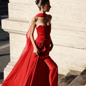 Scarlet | Pre-Order Custom Elegant Evening Red Gown Corset Top and Chiffon Maxi Skirt Two-Piece Dress Floor-Length Gown, Bridal Party Corset