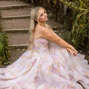 Romantic Peony Print Strapless Maxi Dress: Boho Garden Wedding Gown